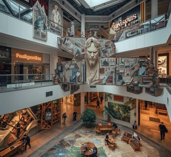 Visual storytelling through installations, branding elements, and themed environments. In malls